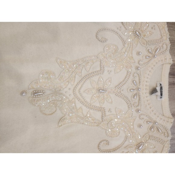 Vintage 80s Alfred Dunner Ladies Sweater Ivory Sequin Beaded Iridescent Medium - Picture 2 of 9